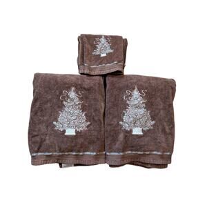 Avanti Brown Cotton Embroidered Christmas Tree Holiday Towel Set 3 Piece